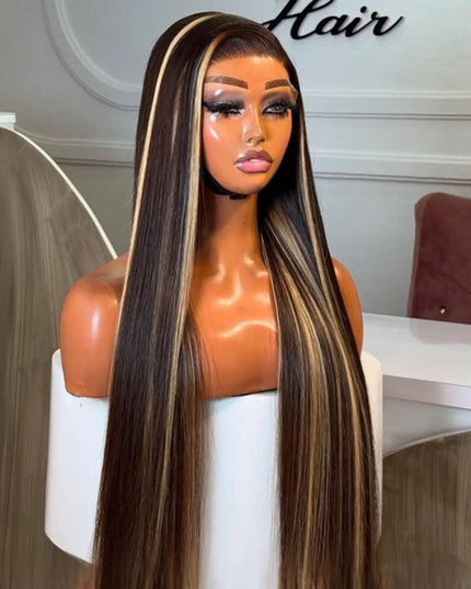Straight honey blonde highlight ombre wig styled on a mannequin, showcasing a natural-looking hairline and vibrant tones.