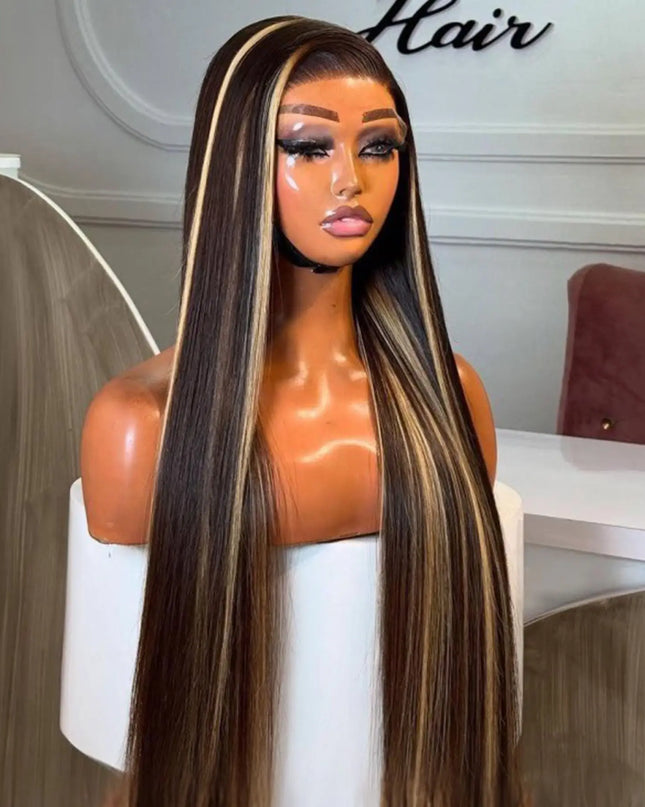 Straight honey blonde highlight ombre wig styled on a mannequin, showcasing a natural-looking hairline and vibrant tones.