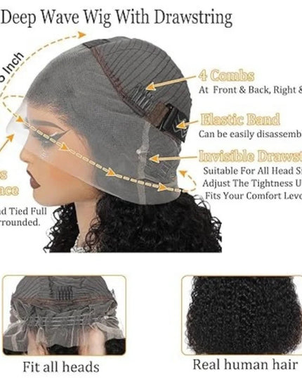 360 Deep Wave Wig with drawstring on a mannequin head, showing features and materials.