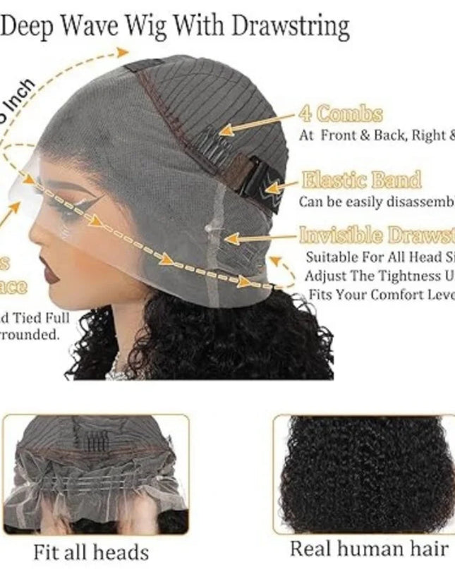 360 Deep Wave Wig with drawstring on a mannequin head, showing features and materials.