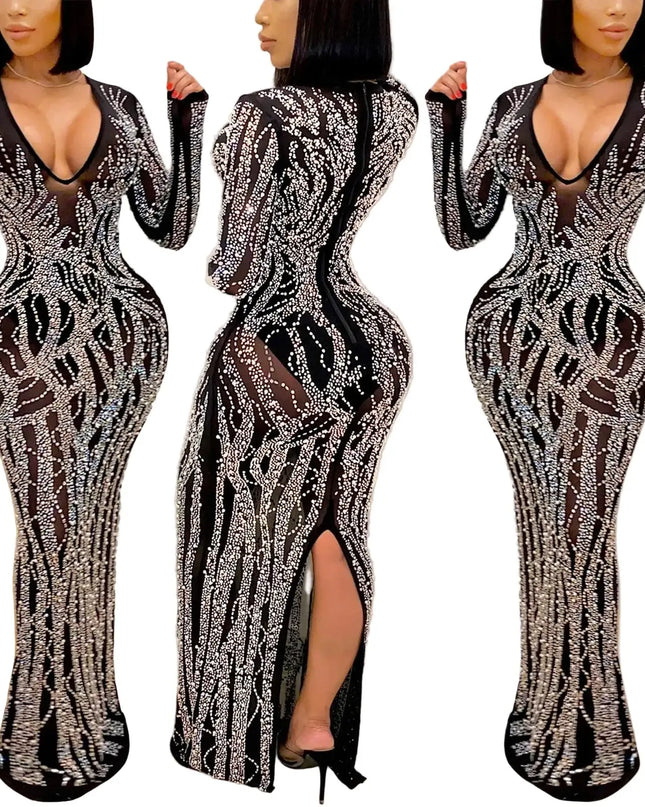 Black and silver patterned dress with a high slit on a neutral background