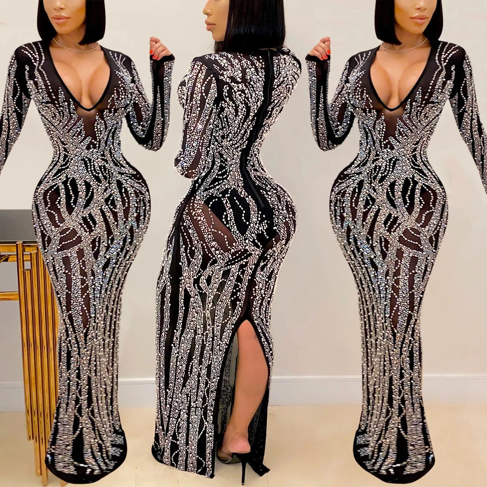 Sheer Rhinestone Mesh Maxi Dress – Sexy V-Neck, Long Sleeve, Slit Gown