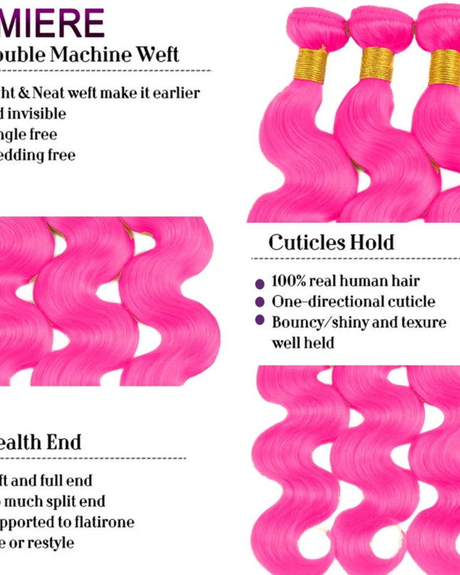 Pink hair extensions with features listed on a white background