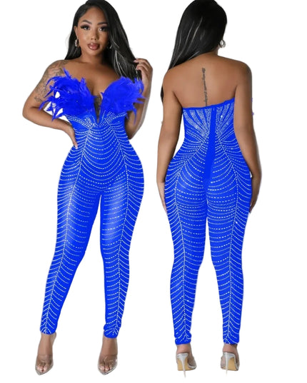 Blue rhinestone jumpsuit worn by a model on a plain background