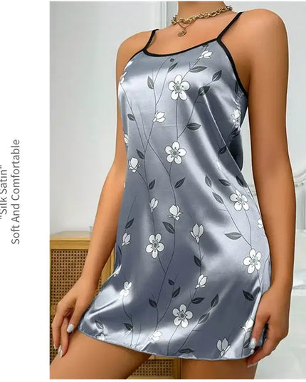 Women's Sleepdress Satin Floral Print Nightdress Comfortable Spaghetti Strap Sleepwear Dress Luxurious Satin Slip Nightdress