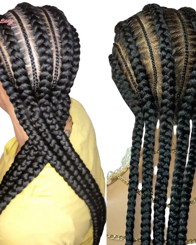 Two images of braided hair with a close-up on intricate braiding details.