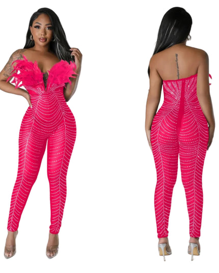 Woman wearing a bright pink jumpsuit with white patterns, shown from front and back views.