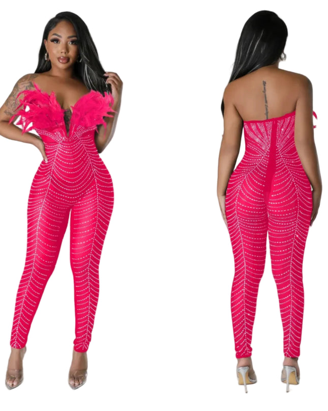 Woman wearing a bright pink jumpsuit with white patterns, shown from front and back views.