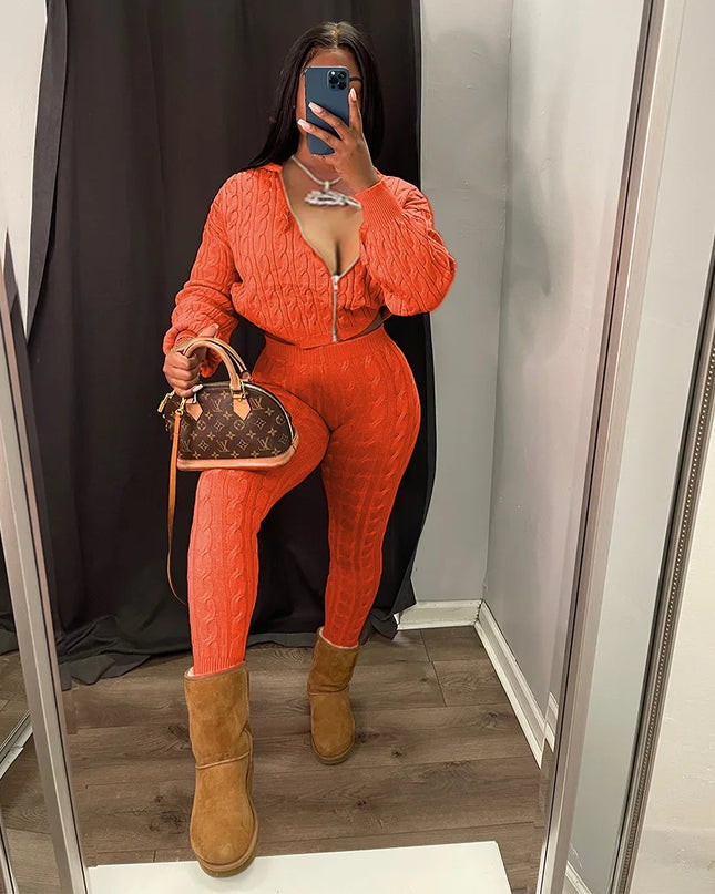 Women's Knit Hooded Sweater and Pants 2-Piece Set | Fall Winter Loungewear Outfit