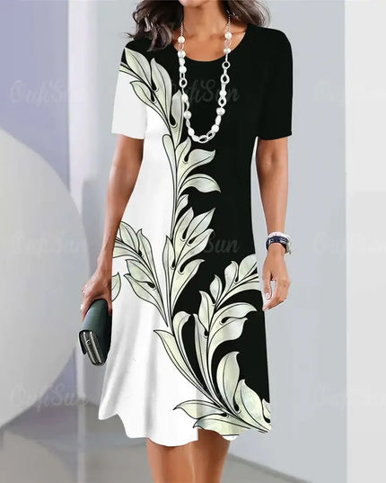 Summer Women's Dresses 3D Floral Print elegant black and white short sleeve A-line dress with leaf design.