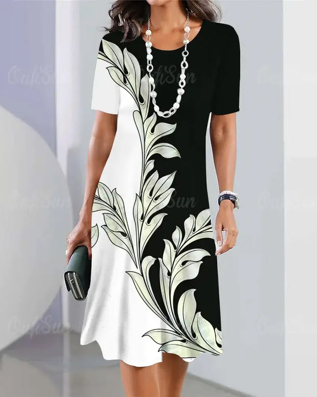 Summer Women's Dresses 3D Floral Print elegant black and white short sleeve A-line dress with leaf design.