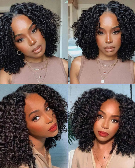 Four images of a woman wearing a Jerry Curly V Part Wig, showcasing different styles and angles of the curly wig.