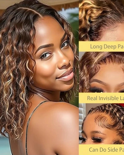 Deep Wave Bob Wig Human Hair Glueless Highlight 5x5 HD Lace Front 220% Density 4/27 Colored Ombre