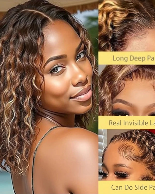 Deep Wave Bob Wig Human Hair Glueless Highlight 5x5 HD Lace Front 220% Density 4/27 Colored Ombre