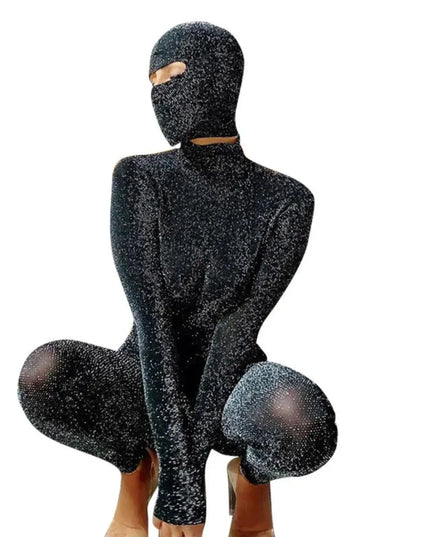 Mannequin wearing a black glittery bodysuit on a white background