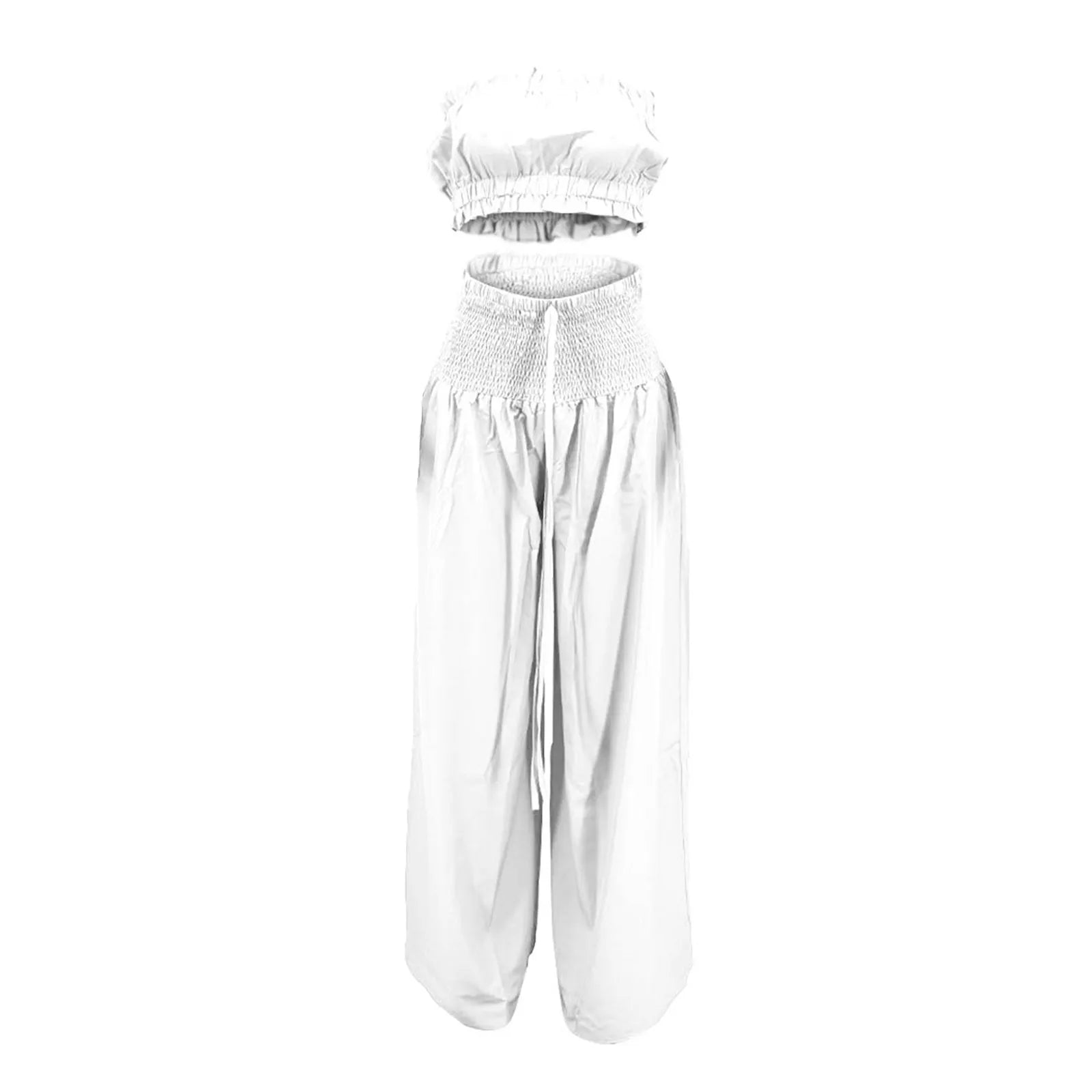Stylish women's solid white 2 piece outfit featuring a strapless top and wide-leg pants, perfect for casual wear.