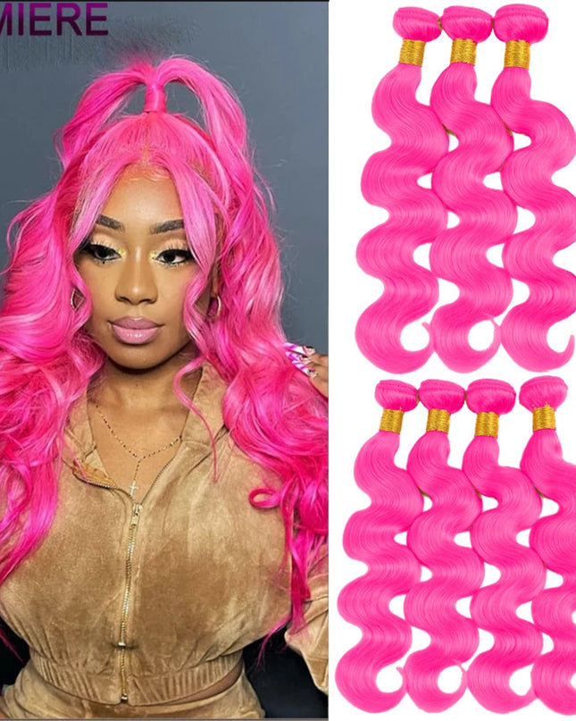 Woman with pink hair and pink hair extensions labeled 'LUMIERE'.