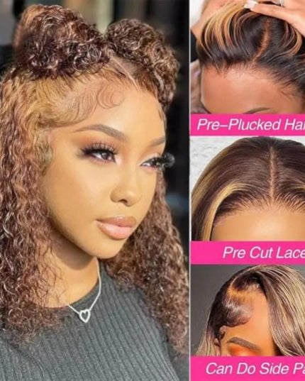 Woman with styled hair and close-up details of hairline and lace.