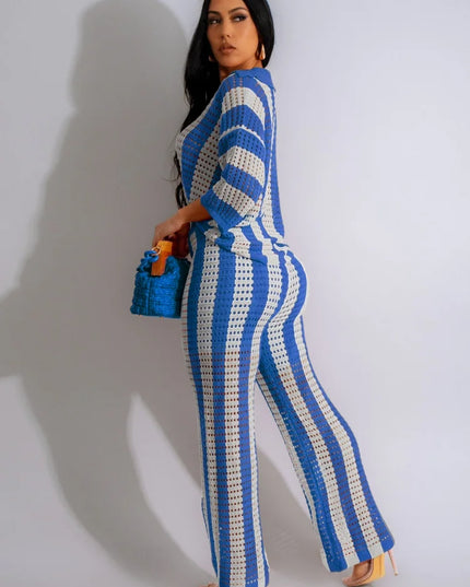 Women's Crochet Knit Two-Piece Beach Set – Button Top & Wide-Leg Pants