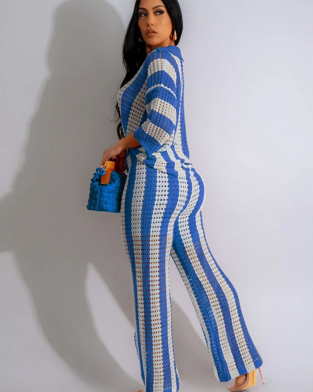 Women's Crochet Knit Two-Piece Beach Set – Button Top & Wide-Leg Pants