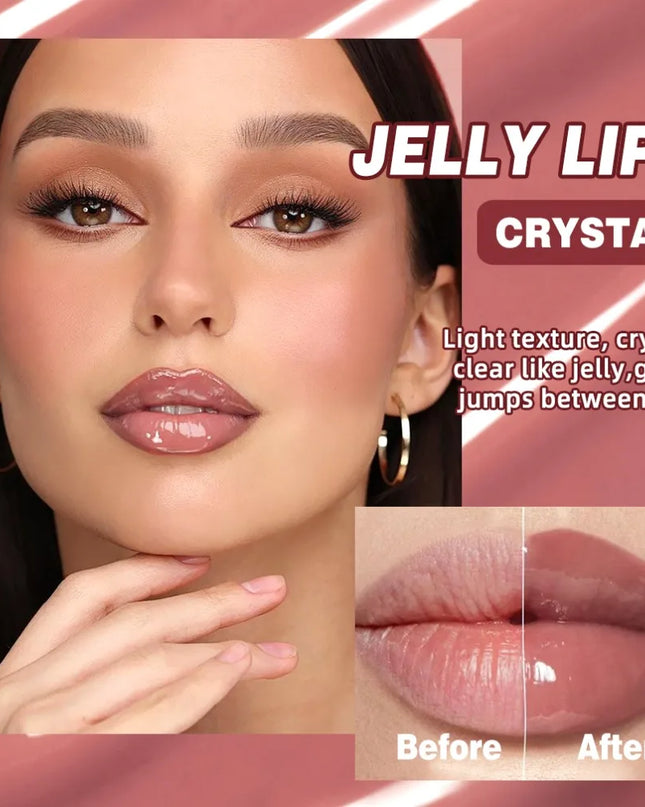 Advertisement for jelly lip product showing a woman's lips with 'Jelly Lips Crystal' text and before/after comparison.