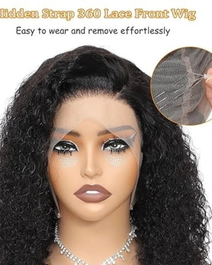 Black lace front wig with a close-up of the lace, displayed on a mannequin head.