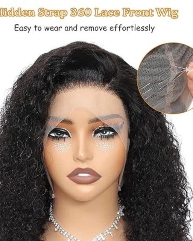 Black lace front wig with a close-up of the lace, displayed on a mannequin head.