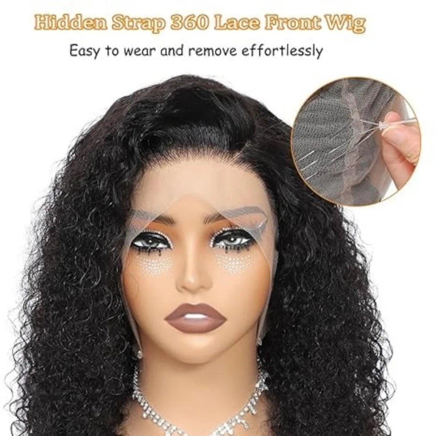 Black lace front wig with a close-up of the lace, displayed on a mannequin head.