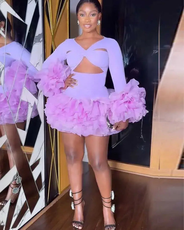 Sexy petal sleeve mini dress with ruffled sleeves and a flirty high waist, perfect for elegant spring events.