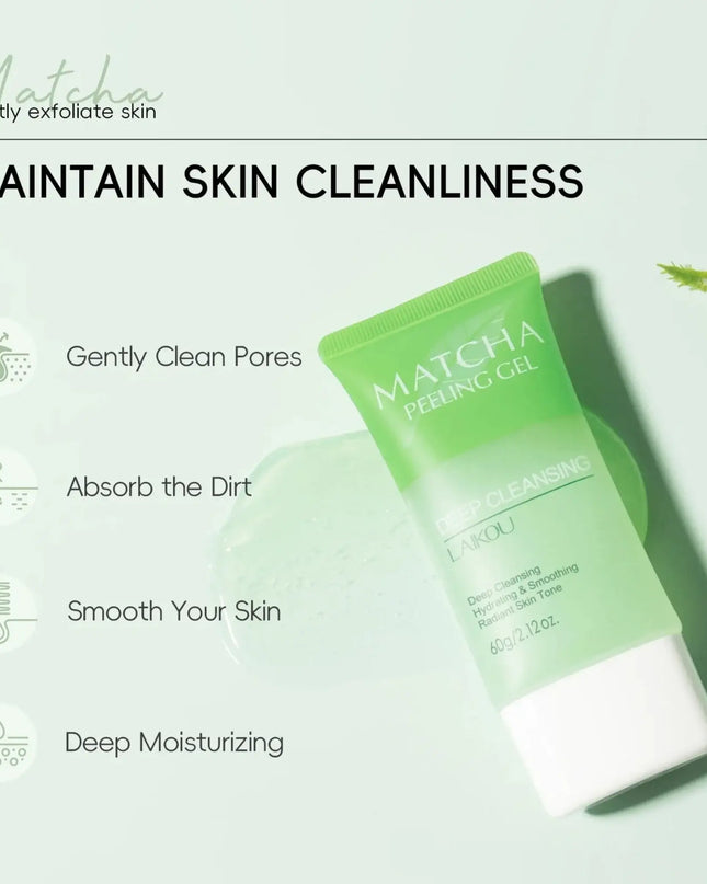 Matcha cleansing gel packaging with text on a light green background