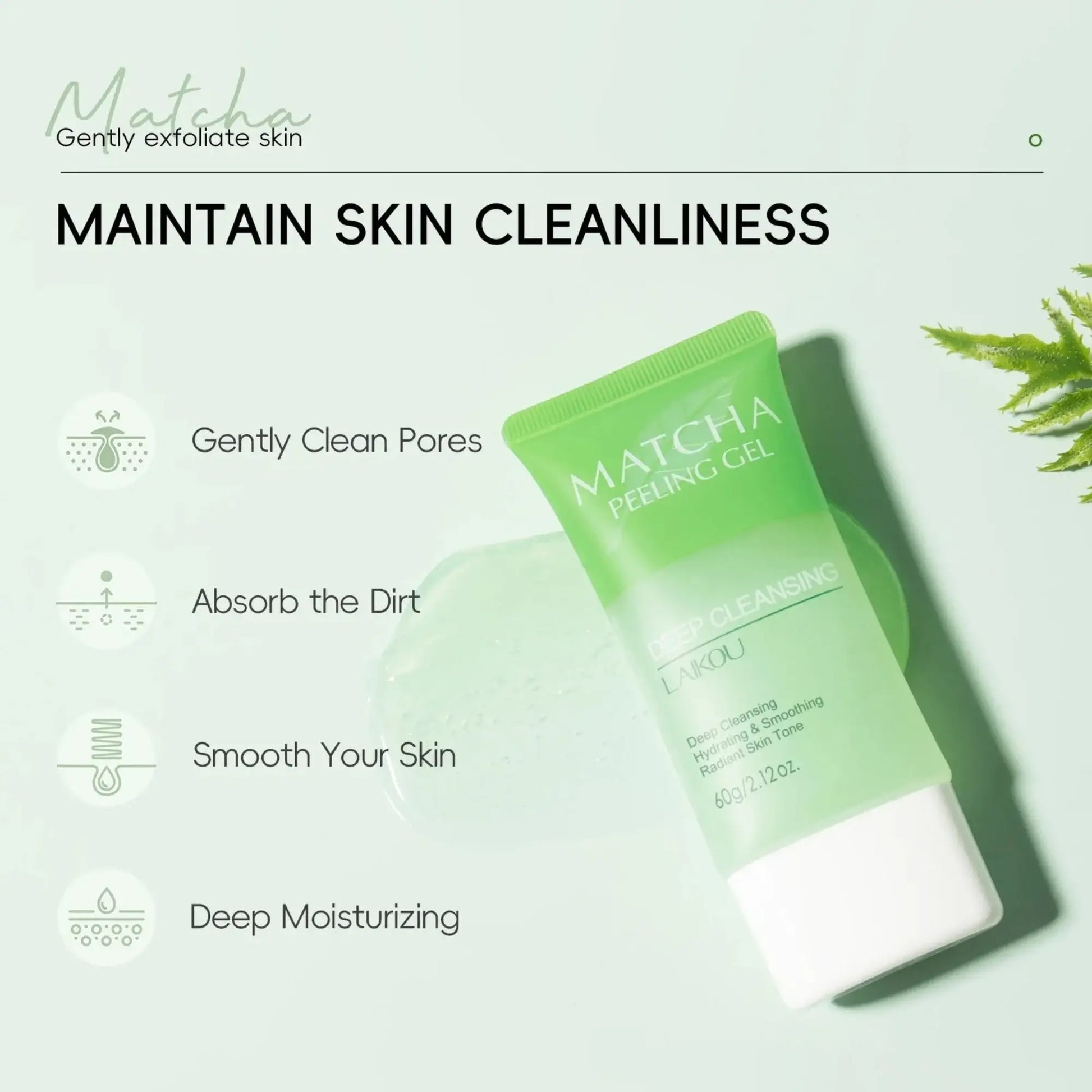 Matcha cleansing gel packaging with text on a light green background