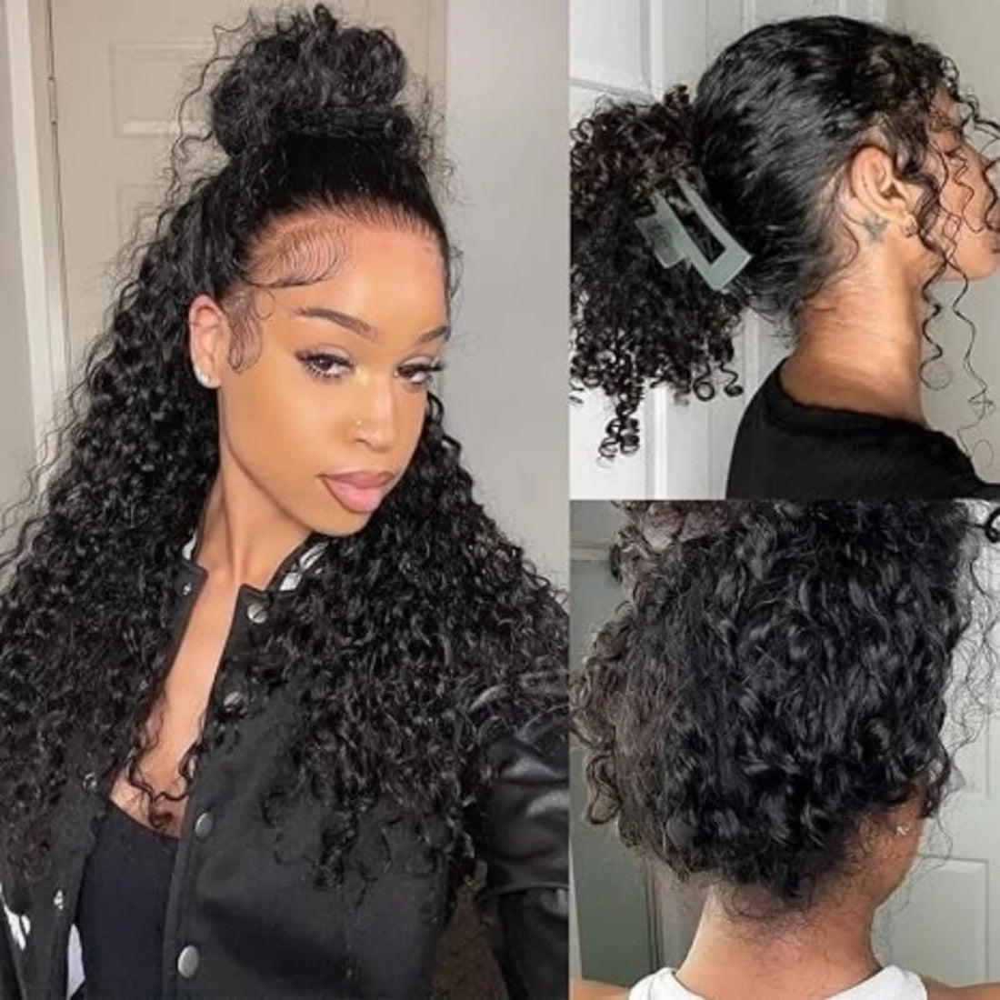 Woman with styled hair in different angles, wearing a black jacket.