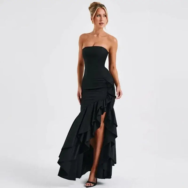 Sexy strapless summer dress featuring a sleek design and ruffled asymmetrical hem for a chic look.