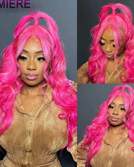 Person with bright pink hair styled in different ways, wearing a beige outfit.