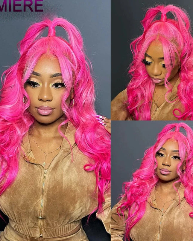 Person with bright pink hair styled in different ways, wearing a beige outfit.
