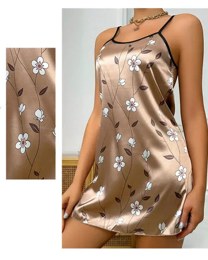 Women's Sleepdress Satin Floral Print Nightdress Comfortable Spaghetti Strap Sleepwear Dress Luxurious Satin Slip Nightdress