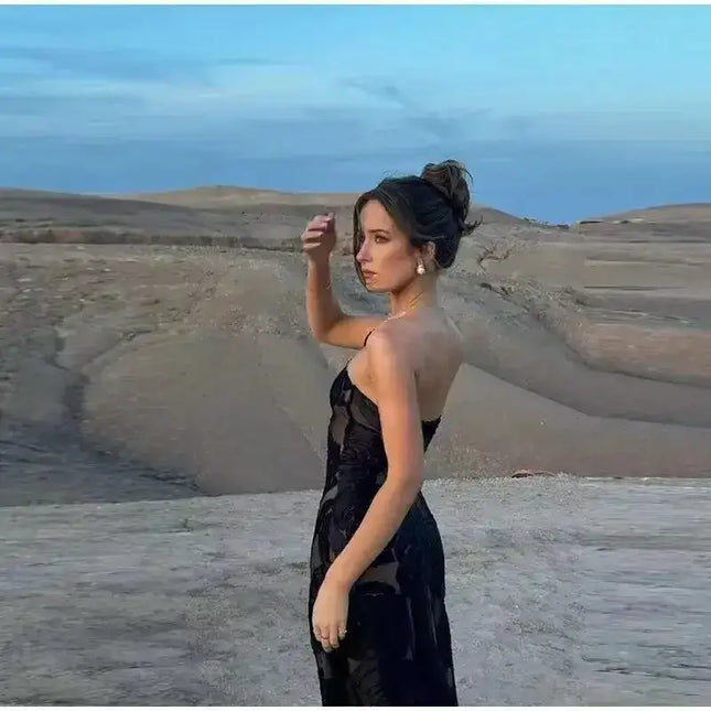 Oligai one shoulder elegant dress worn by a model in a scenic outdoor setting showcasing a black mesh bodycon design.