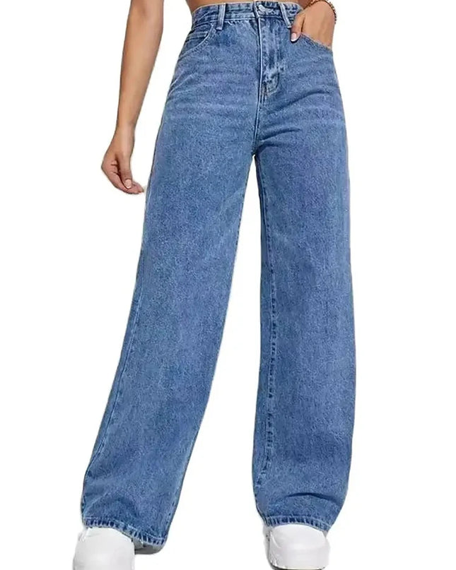 Women’s Y2K High-Waist Baggy Straight Jeans – Retro Blue showcasing a loose, straight-leg fit in a classic retro blue wash.