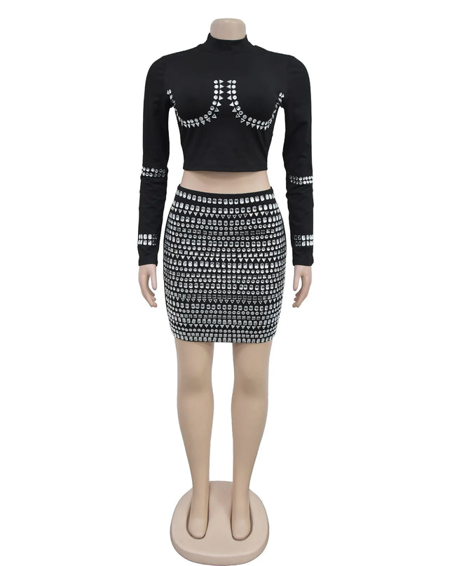 HLJ Fashion Luxury Rhinestone Party Club Mini Skirts Two Piece Sets Women