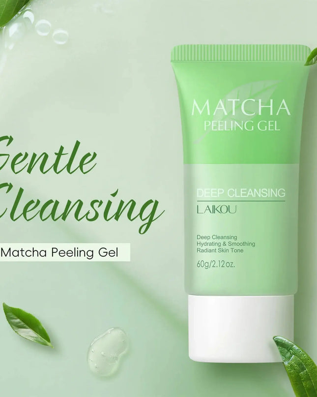 Matcha peeling gel tube with green leaves on a light green background