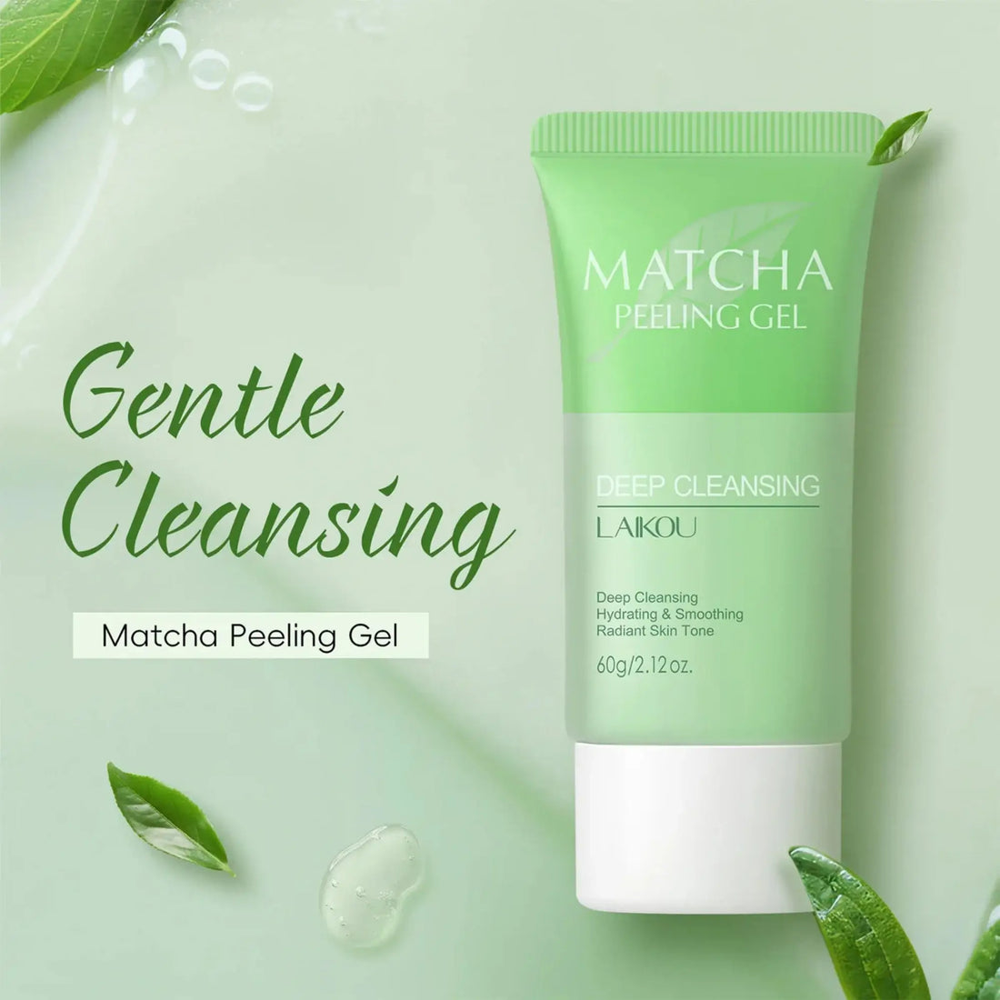 LAIKOU Matcha Peeling Gel packaging with before and after effects on skin.