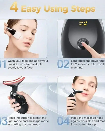 4 easy steps to use the 7LED Vibrating Neck Device for skin care routine and facial massaging.
