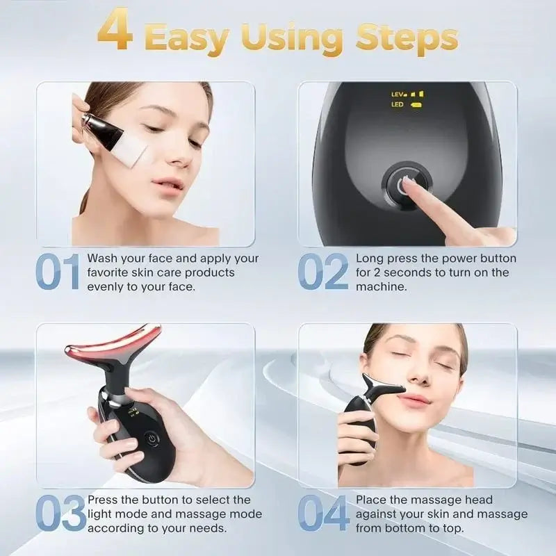 4 easy steps to use the 7LED Vibrating Neck Device for skin care routine and facial massaging.