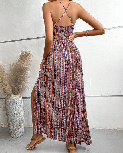 Women's Ethnic Pattern Backless Split Thigh Boho Maxi Dress
