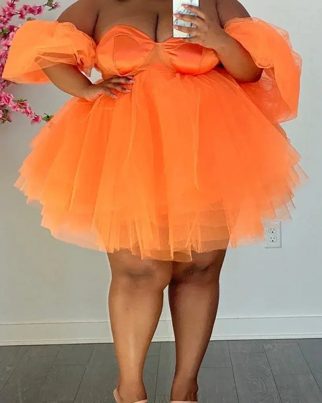 Wmstar plus size sexy v-neck mini dress in vibrant orange tulle perfect for parties and special occasions.