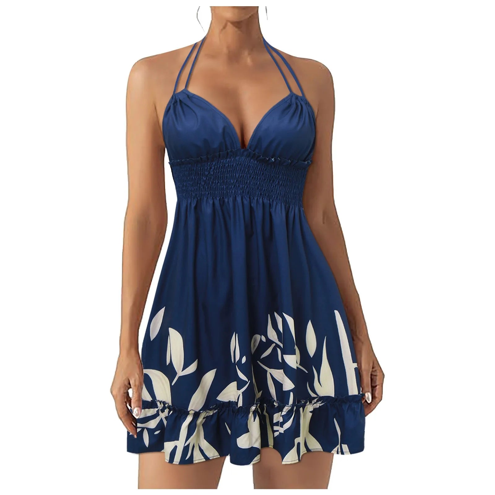 Trendy navy blue summer dress for women, featuring floral designs and a halter neckline, perfect for warm weather.