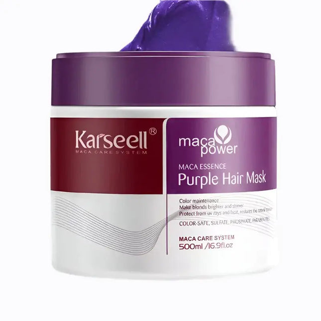 Karseell Maca Power Purple Hair Mask jar with purple hair mask texture on a white background