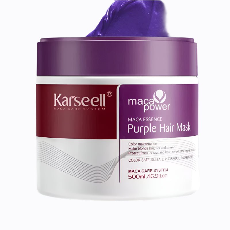 Karseell Maca Power Purple Hair Mask jar with purple hair mask texture on a white background