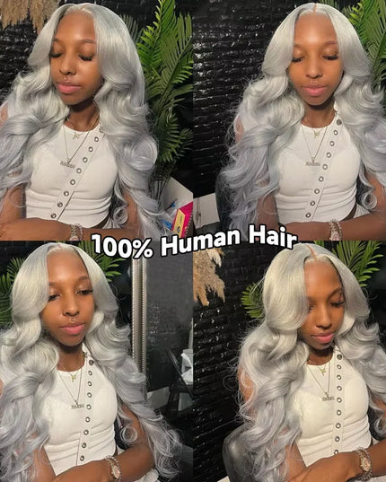 Collage of a person with silver hair wearing a white top, with text '100% Human Hair' displayed.
