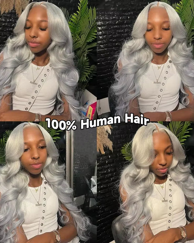 Collage of a person with silver hair wearing a white top, with text '100% Human Hair' displayed.
